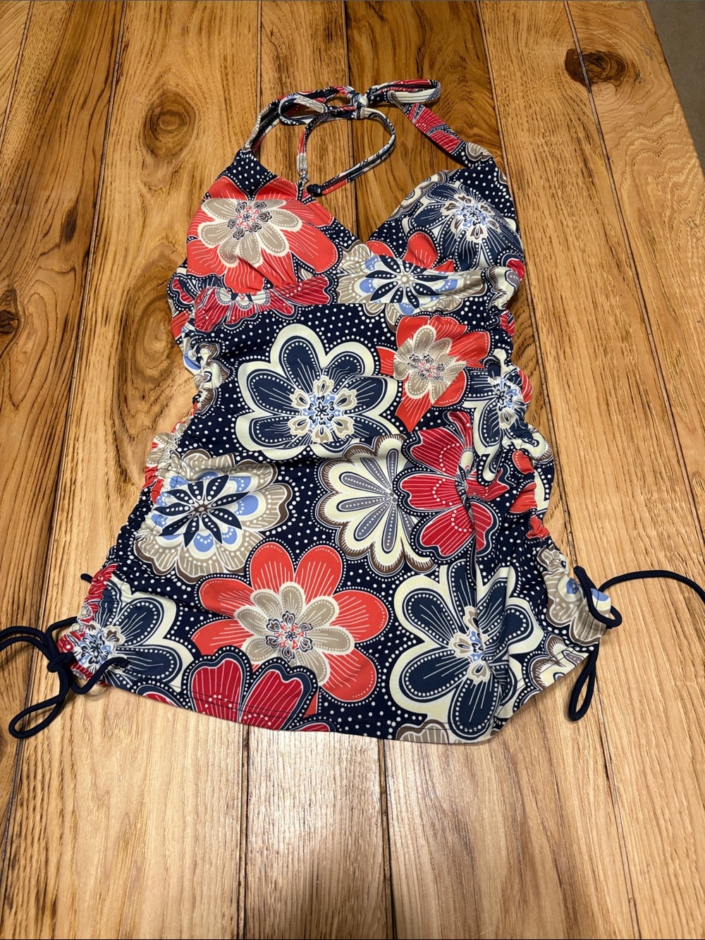 croft & barrow Navy Floral Halter Swim Top in Red and Cream